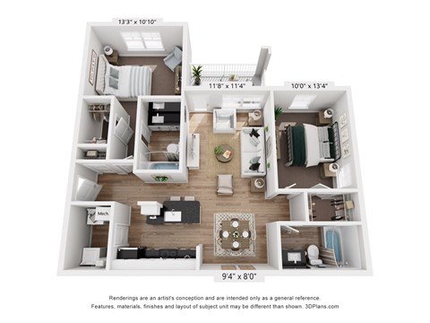 Floor plan for 2 beds, 2 baths, 1059 sqft